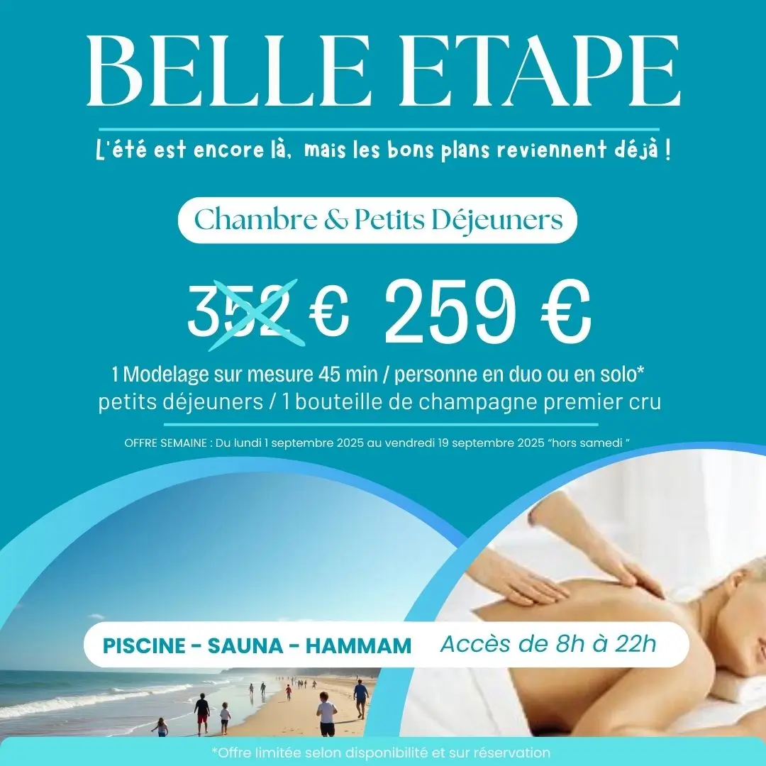 Profitez de l’offre Belle Étape à l’Hôtel Antares Honfleur : chambre avec petits déjeuners, modelage 45 min, champagne premier cru et accès piscine, sauna & hammam pour seulement 259 € au lieu de 352 €.