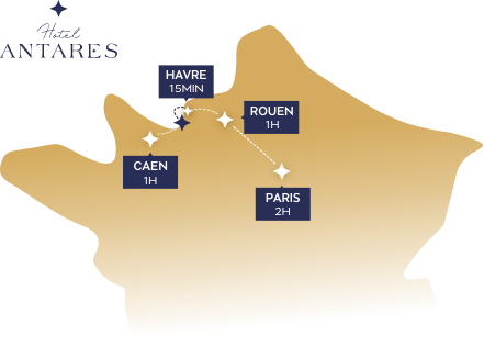 Carte de localisation de l’Hôtel Antares à Honfleur montrant les distances depuis Le Havre, Rouen, Caen et Paris